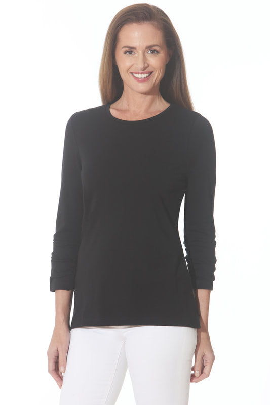 Pima Cotton 3/4 Ruched Sleeve Tee - Black