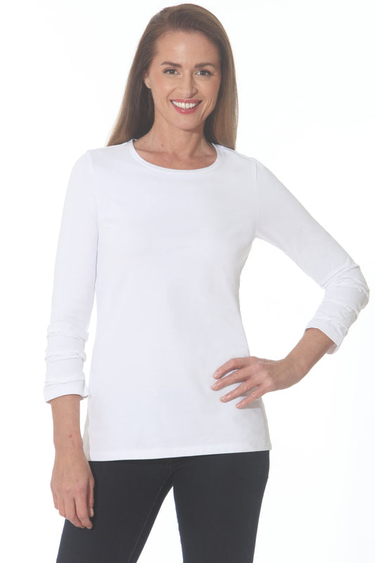 Pima Cotton 3/4 Ruched Sleeve Tee - White