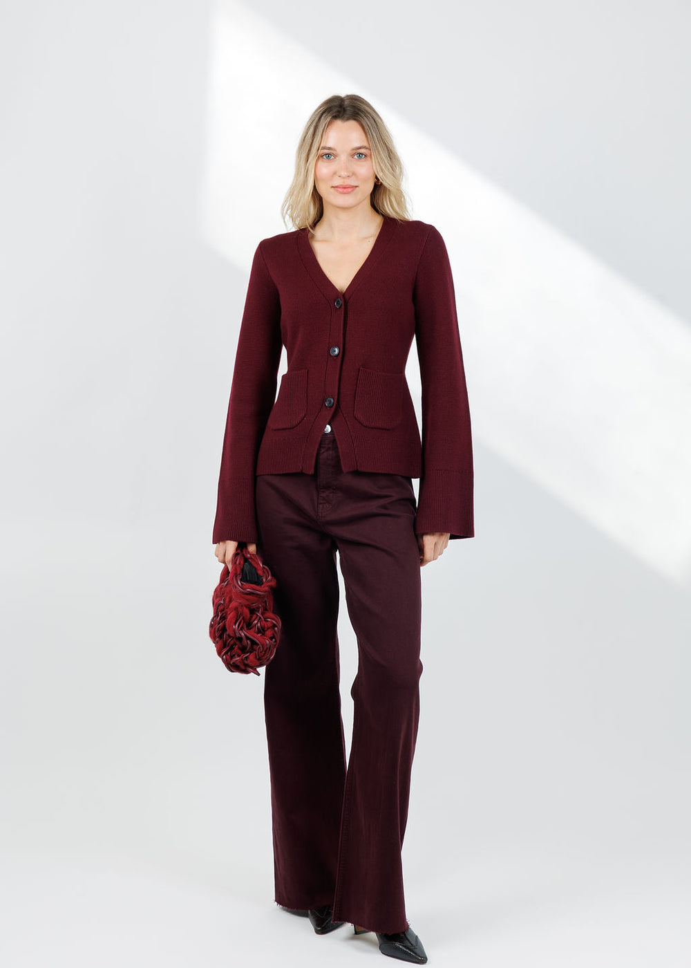 Pistola Aeron Sweater in Claret paired with Pistola Penny High Rise Wide Jeans in Claret available at Barbara Katz