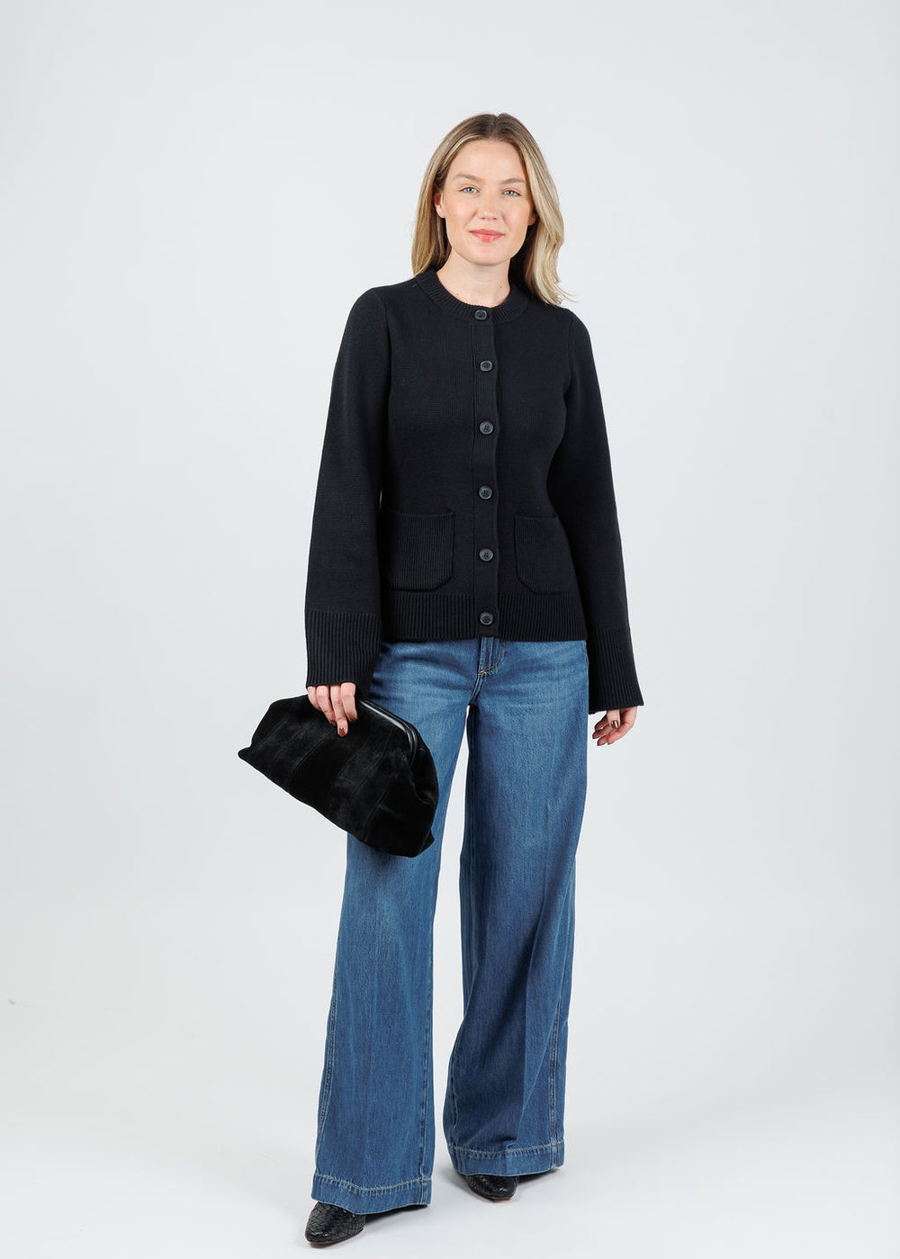 Pistola Dani Sweater Cardigan in Noir paired with Pistola Jadyn Low Slung Palazzo Jeans in Imagine available at Barbara Katz