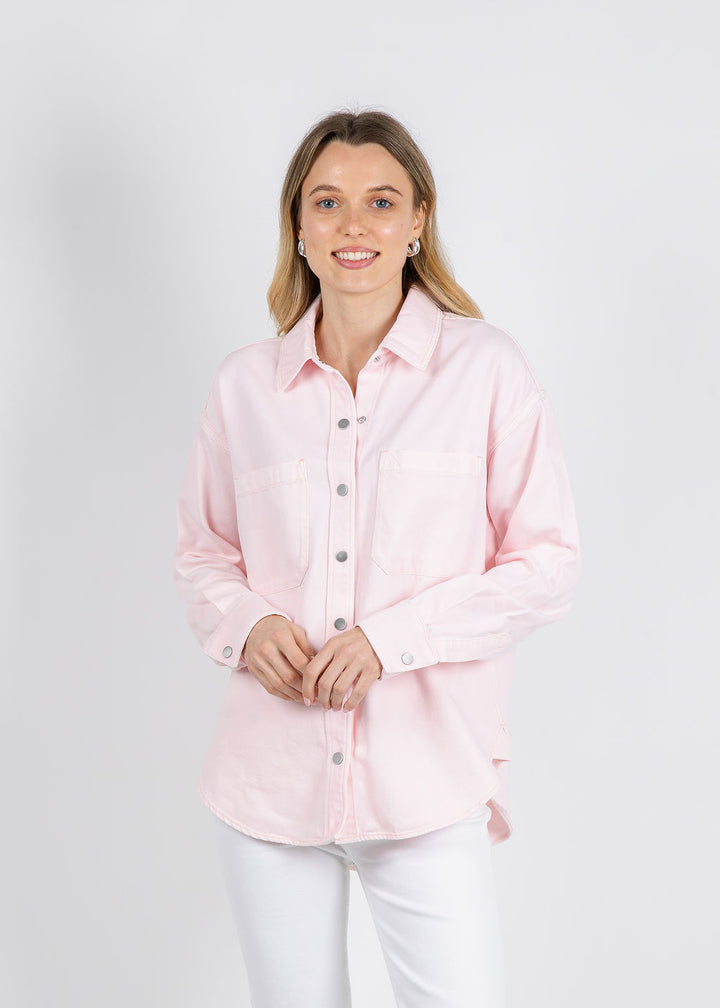 Pistola Elin Fluid Denim Shacket in Blush available at Barbara Katz