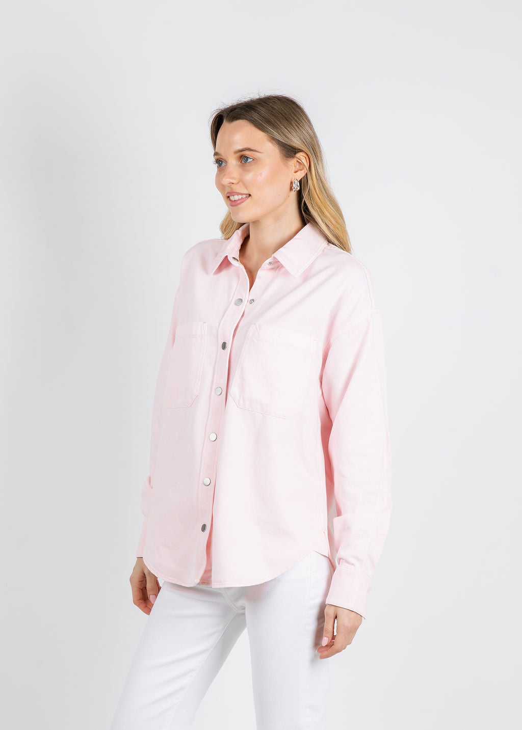Pistola Elin Fluid Denim Shacket in Blush available at Barbara Katz