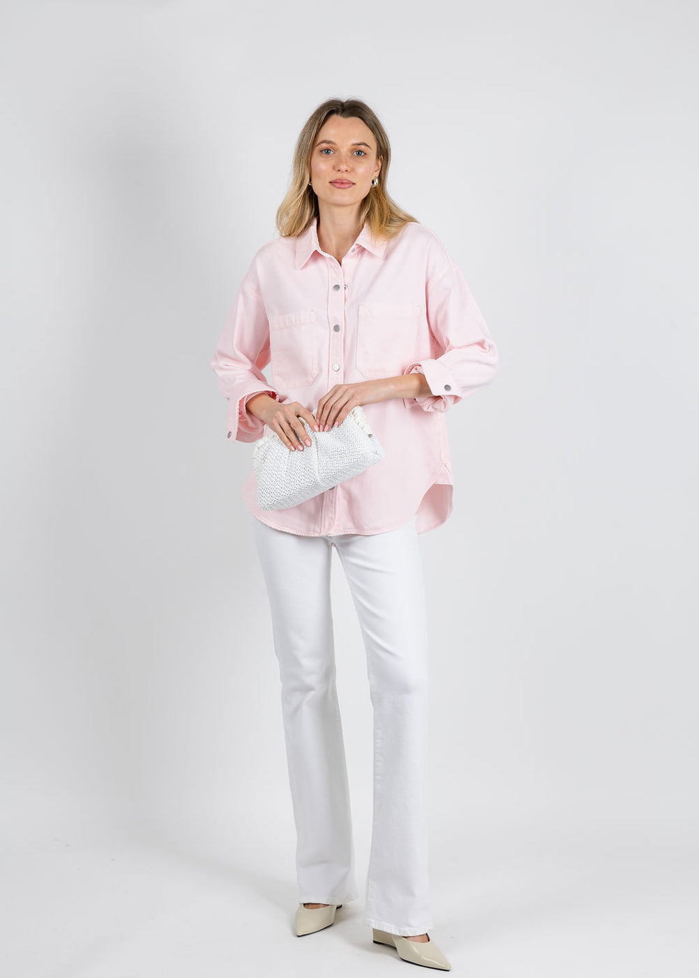 Pistola Elin Fluid Denim Shacket in Blush available at Barbara Katz