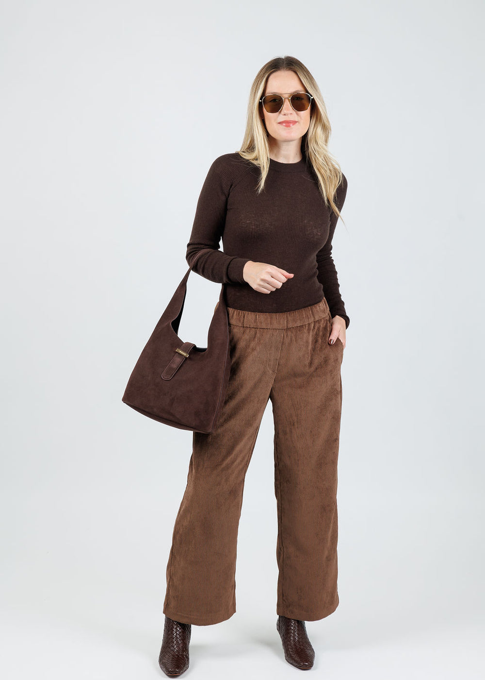Pistola Juno Sweater in Mocha paired with MAC Corduroy Pants available at Barbara Katz