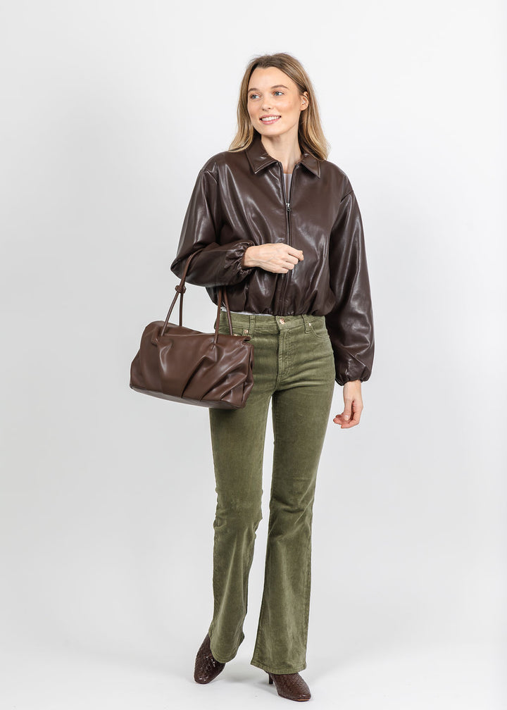 J Society Vegan Bubble Bomber Jacket in Chocolate paired with Pistola Kinsley Mid Rise Ultra Flare Jeans in Sequoia available at Barbara Katz