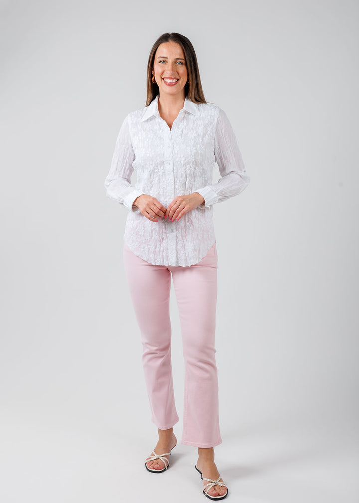 Cino Daisy Embroidered Shirt in White paired with Pistola Lennon High Rise Crop Boot Jeans in Blush available at Barbara Katz
