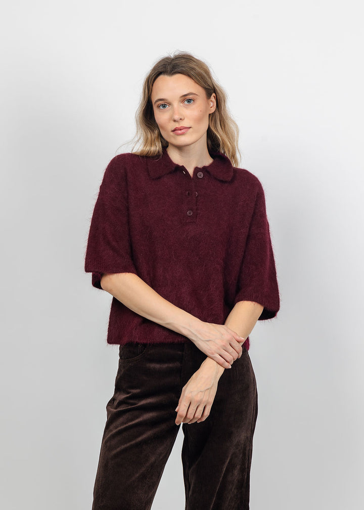 Pistola Nadya Alpaca Blend Boxy Polo Sweater in Cherry Wine available at Barbara Katz