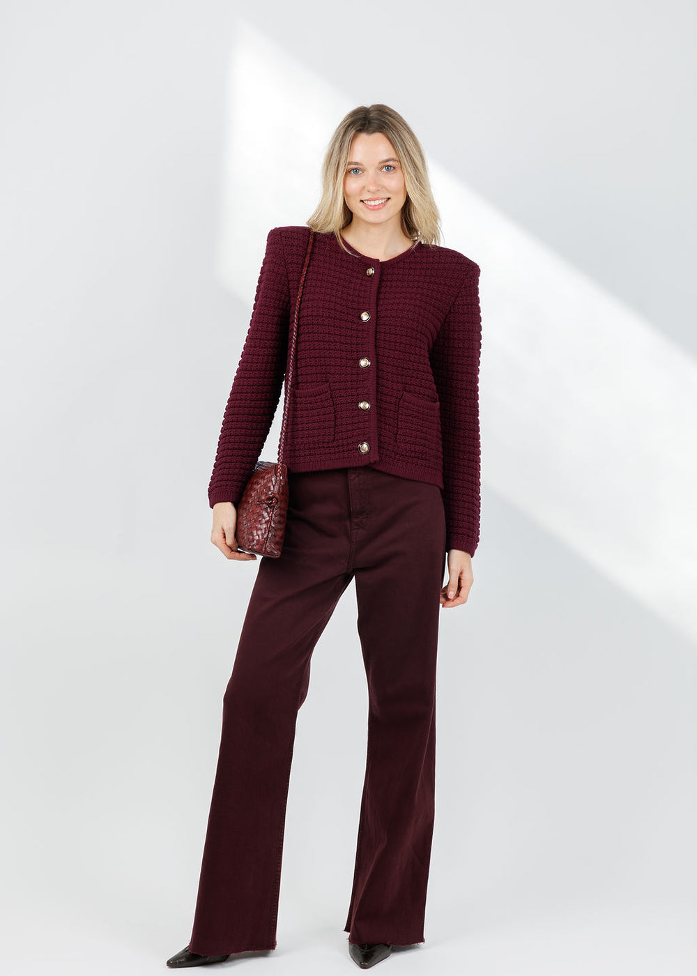 BA&SH Gaspard Knit Cardigan in Bordeaux paired with Pistola Penny High Rise Wide Jeans in Claret available at Barbara Katz