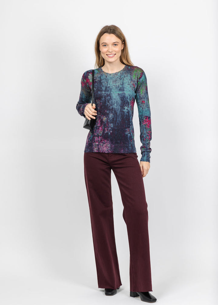 Autumn Cashmere Sheer Rust Print Raw Edge Crew Sweater in Teal Combo paired with Pistola Penny High Rise Wide Leg Jeans in Claret available at Barbara Katz