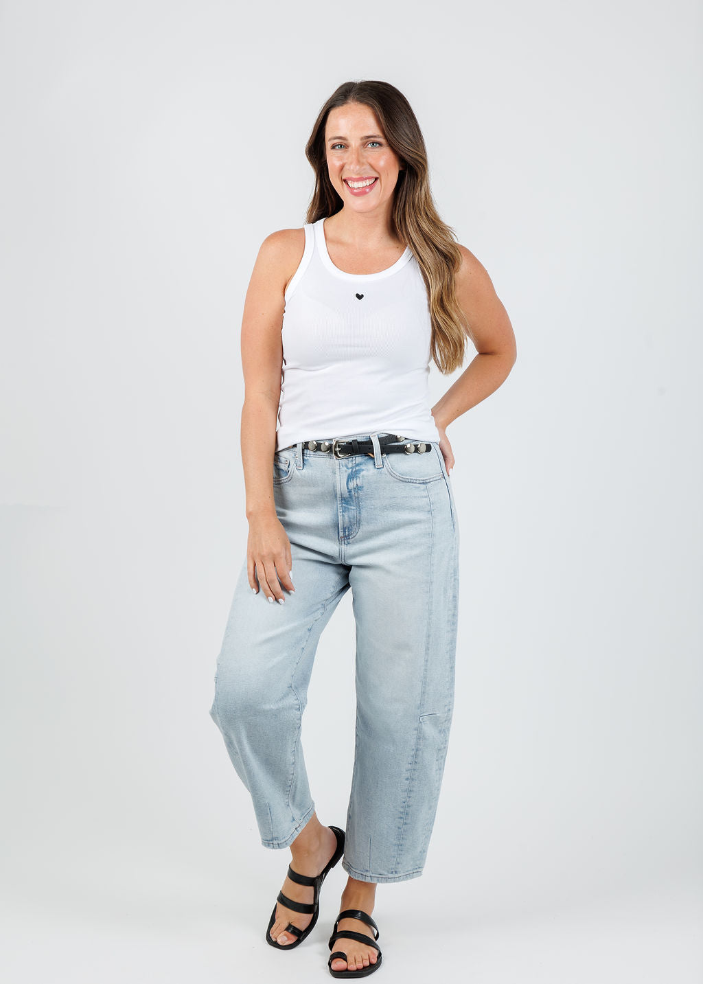 Kerri Rosenthal KR Tank Top in White paired with Pistola Eli High Rise Barrel Jeans in Sun-Kissed available at Barbara Katz