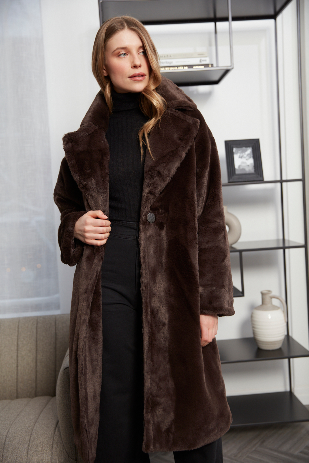 Adroit Atelier Polly Long Faux Fur Coat in Dark Chocolate available at Barbara Katz