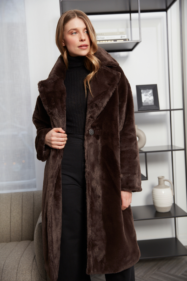 Adroit Atelier Polly Long Faux Fur Coat in Dark Chocolate available at Barbara Katz