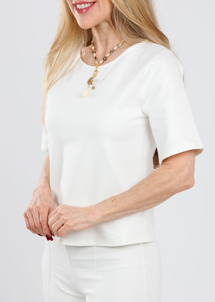 Ripley Rader Ponte Knit Short Sleeve Top Extended in Off White with Chan Luu Lori Abalone Mix Necklace available at Barbara Katz