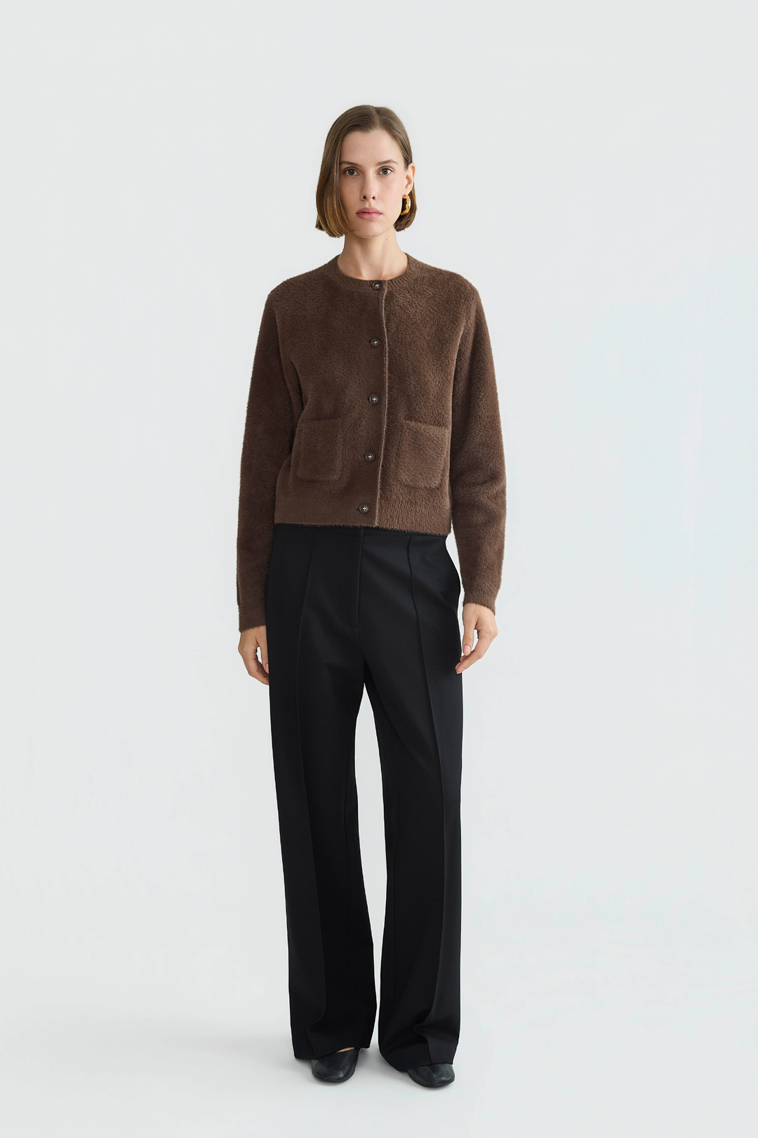 Adroit Atelier Dottie Knitted Eyelash Cardigan With Patch Pockets in Chocolate Torte available at Barbara Katz