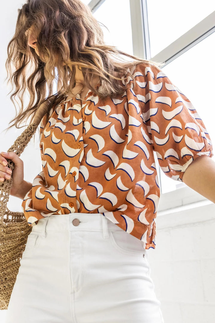 Printed Voile Elbow Sleeve Buttondown