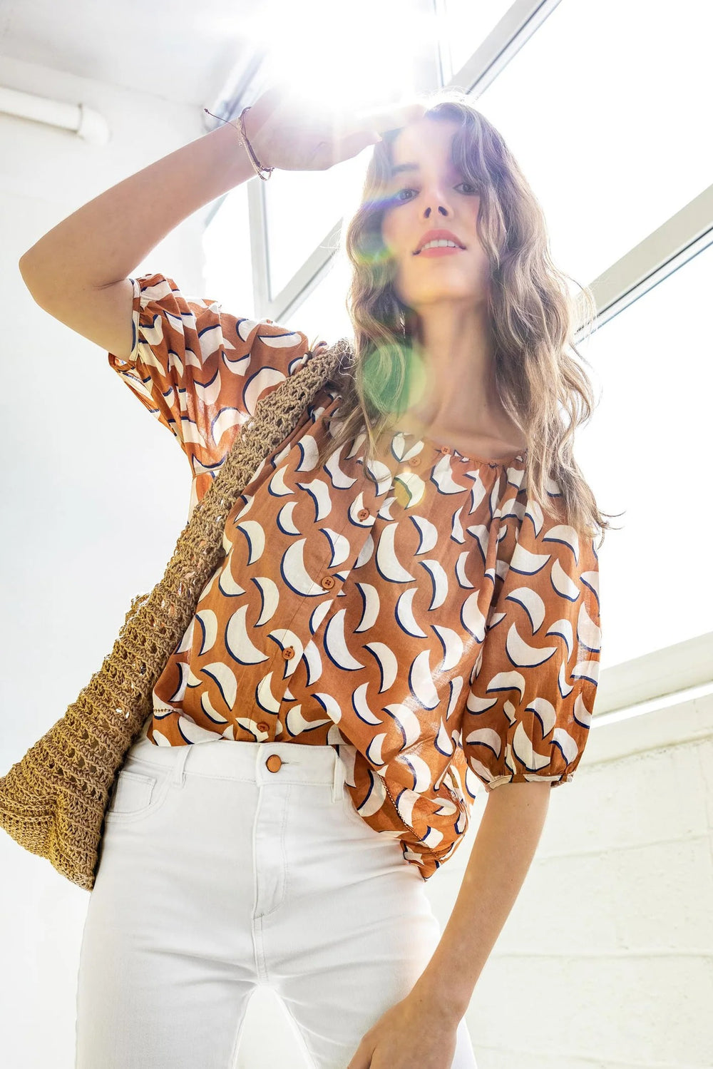 Printed Voile Elbow Sleeve Buttondown