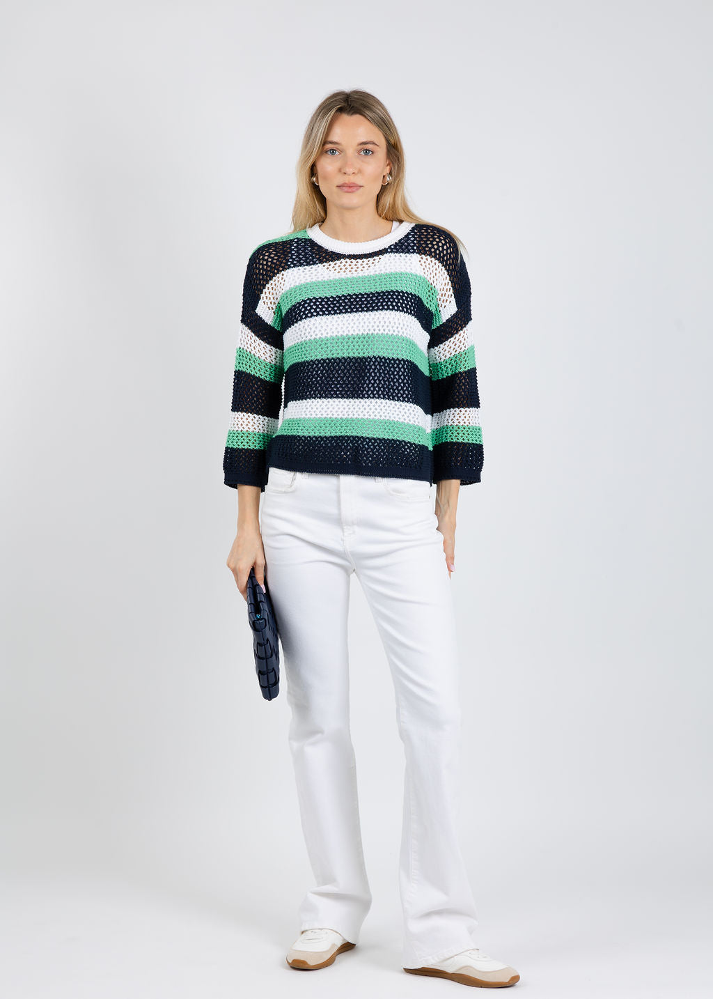 Pure Amici Ally Mesh Sweater in Mint/Blue/White available at Barbara Katz