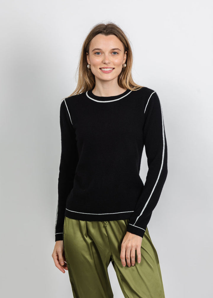 Pure Amici Cashmere Pipe Crew Sweater in Black Combo available at Barbara Katz