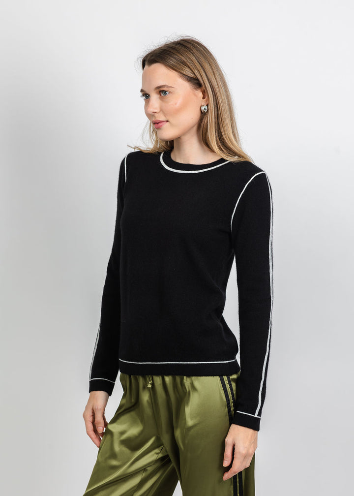 Pure Amici Cashmere Pipe Crew Sweater in Black Combo available at Barbara Katz