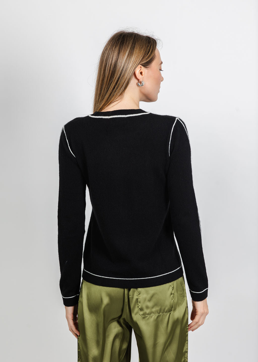Pure Amici Cashmere Pipe Crew Sweater in Black Combo available at Barbara Katz