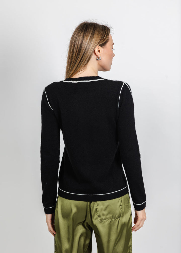 Pure Amici Cashmere Pipe Crew Sweater in Black Combo available at Barbara Katz