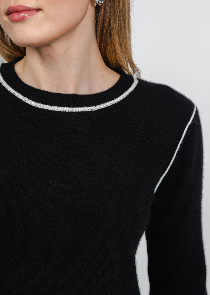 Pure Amici Cashmere Pipe Crew Sweater in Black Combo available at Barbara Katz