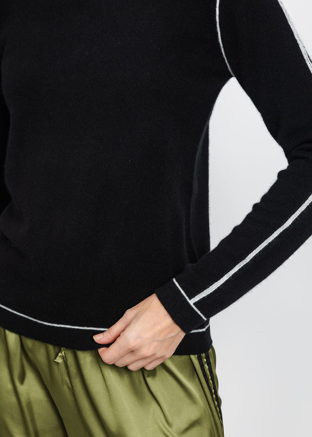 Pure Amici Cashmere Pipe Crew Sweater in Black Combo available at Barbara Katz
