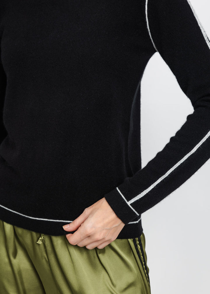 Pure Amici Cashmere Pipe Crew Sweater in Black Combo available at Barbara Katz