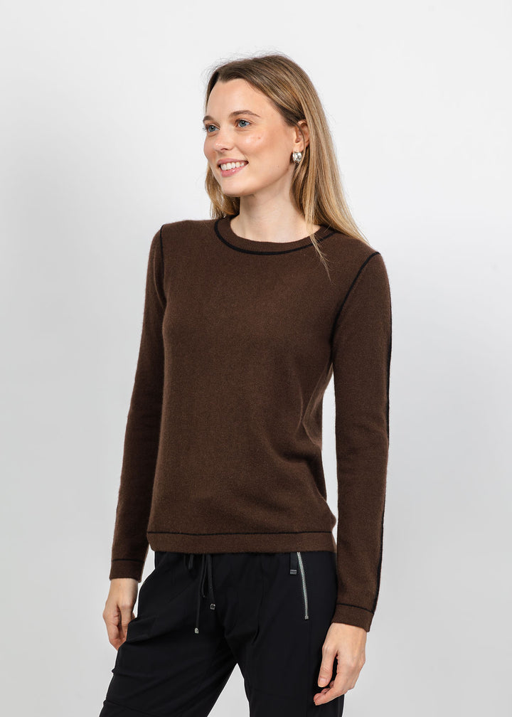 Pure Amici Cashmere Pipe Crew Sweater in Coffee Combo available at Barbara Katz