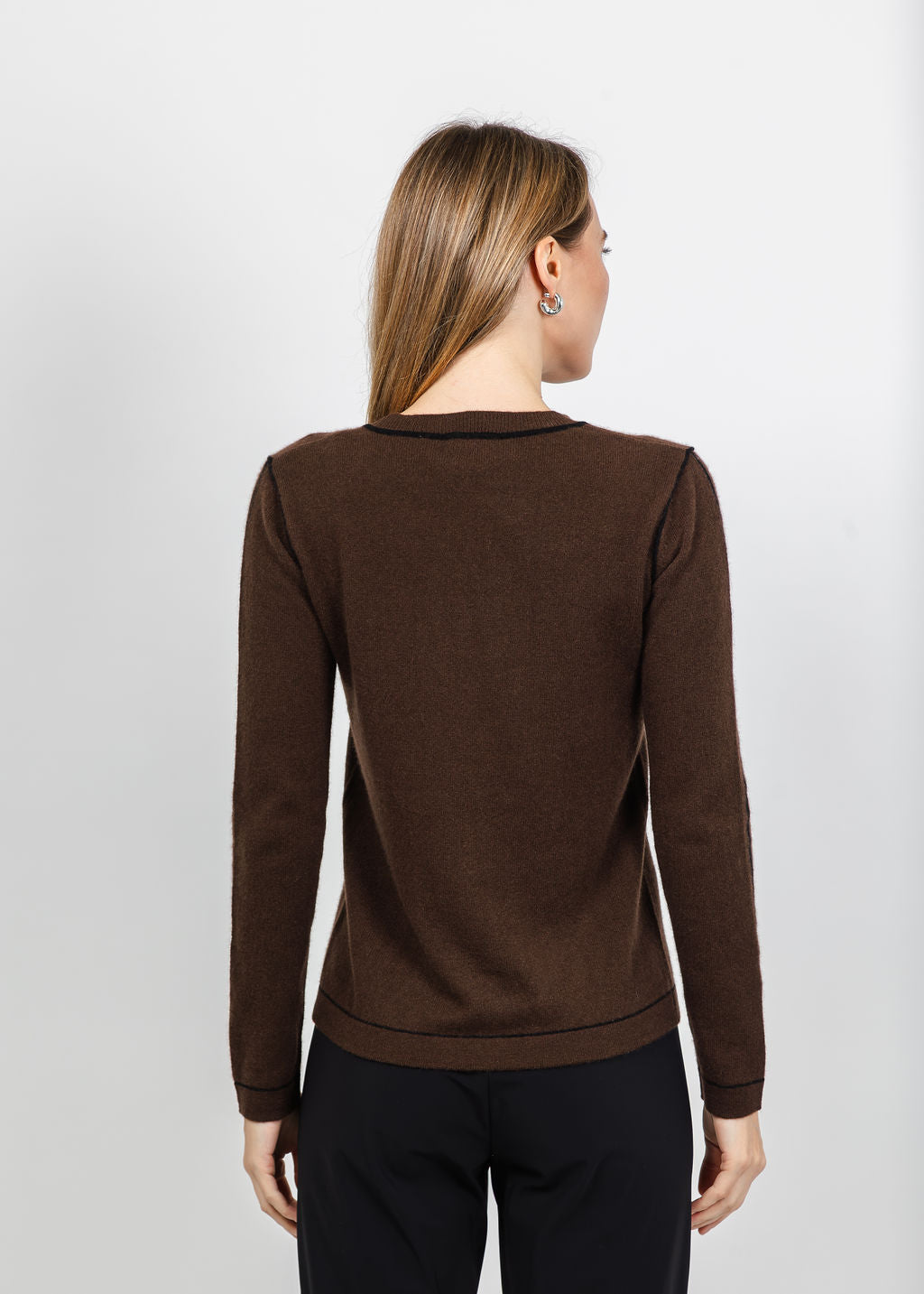 Pure Amici Cashmere Pipe Crew Sweater in Coffee Combo available at Barbara Katz