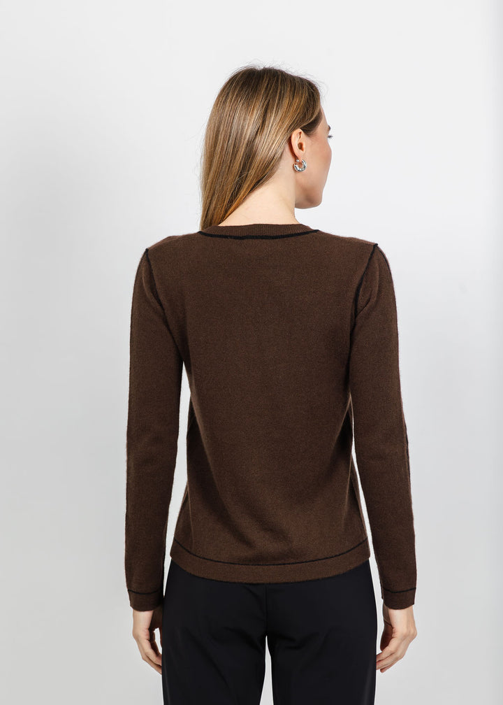 Pure Amici Cashmere Pipe Crew Sweater in Coffee Combo available at Barbara Katz