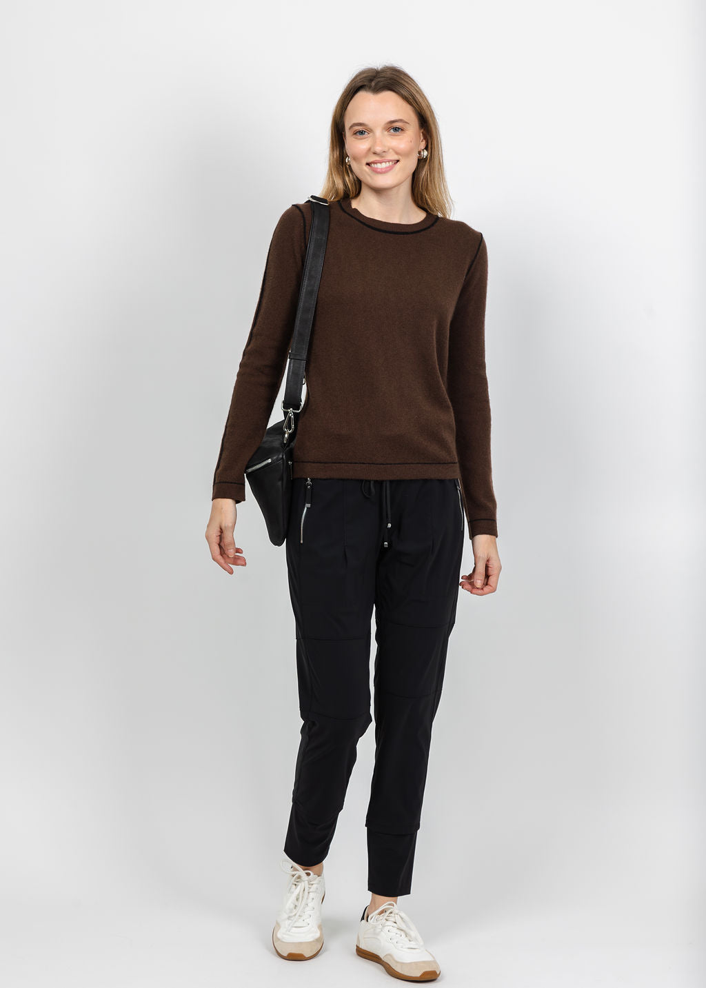 Pure Amici Cashmere Pipe Crew Sweater in Coffee Combo available at Barbara Katz