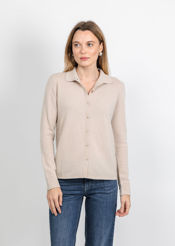 Pure Amici Cashmere Polo Sweater in Sand available at Barbara Katz