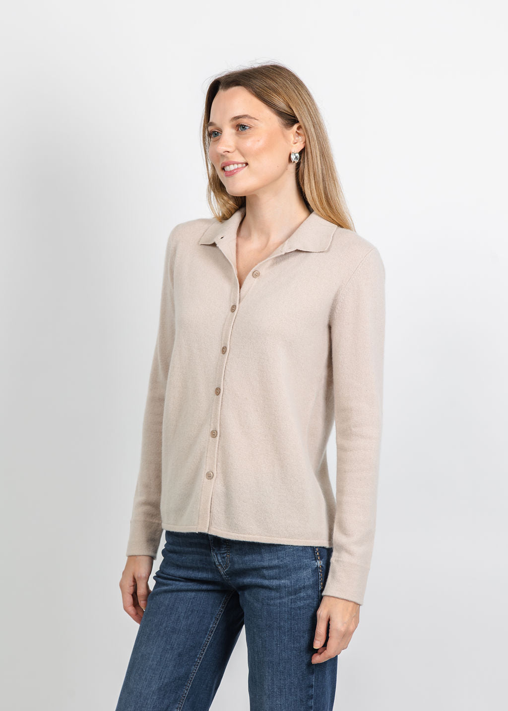 Pure Amici Cashmere Polo Sweater in Sand available at Barbara Katz