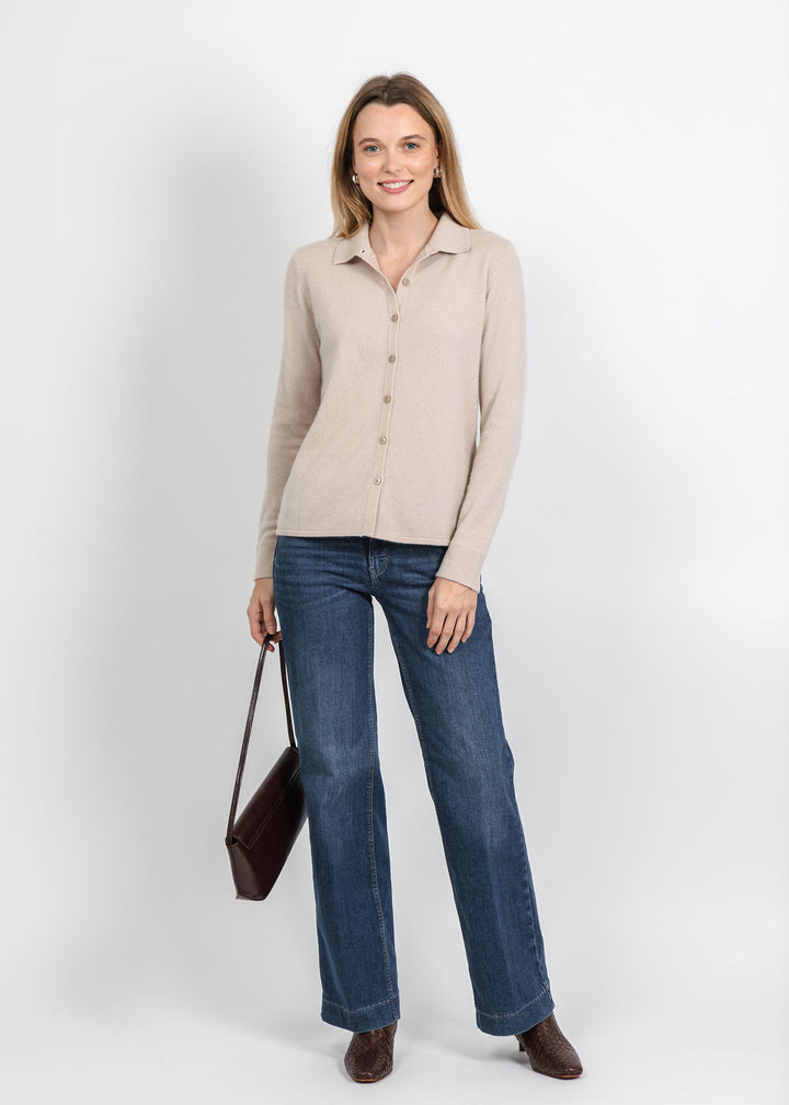 Pure Amici Cashmere Polo Sweater in Sand available at Barbara Katz