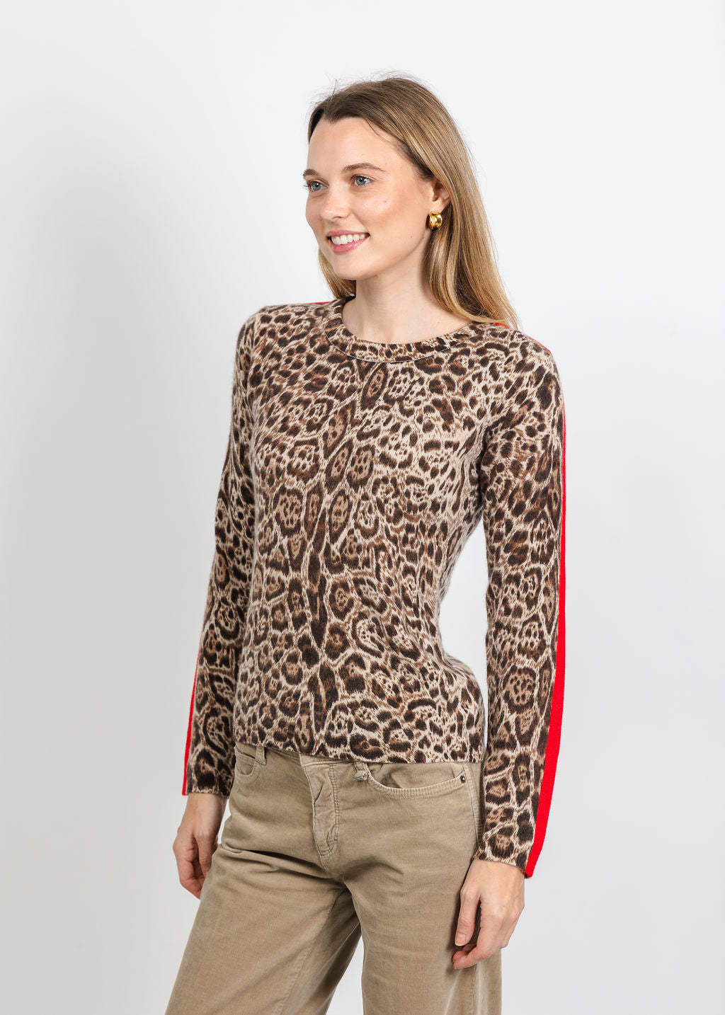 Pure Amici Cashmere Track Stripe Sweater in Cheetah available at Barbara Katz