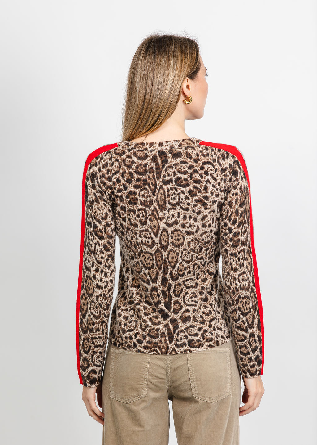 Pure Amici Cashmere Track Stripe Sweater in Cheetah available at Barbara Katz