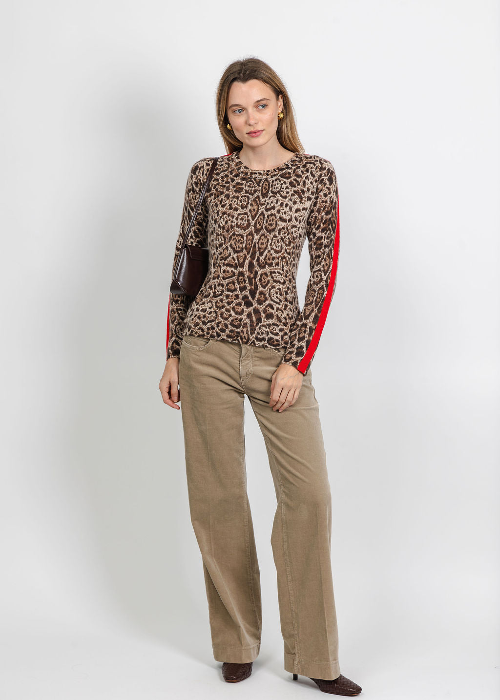Pure Amici Cashmere Track Stripe Sweater in Cheetah available at Barbara Katz
