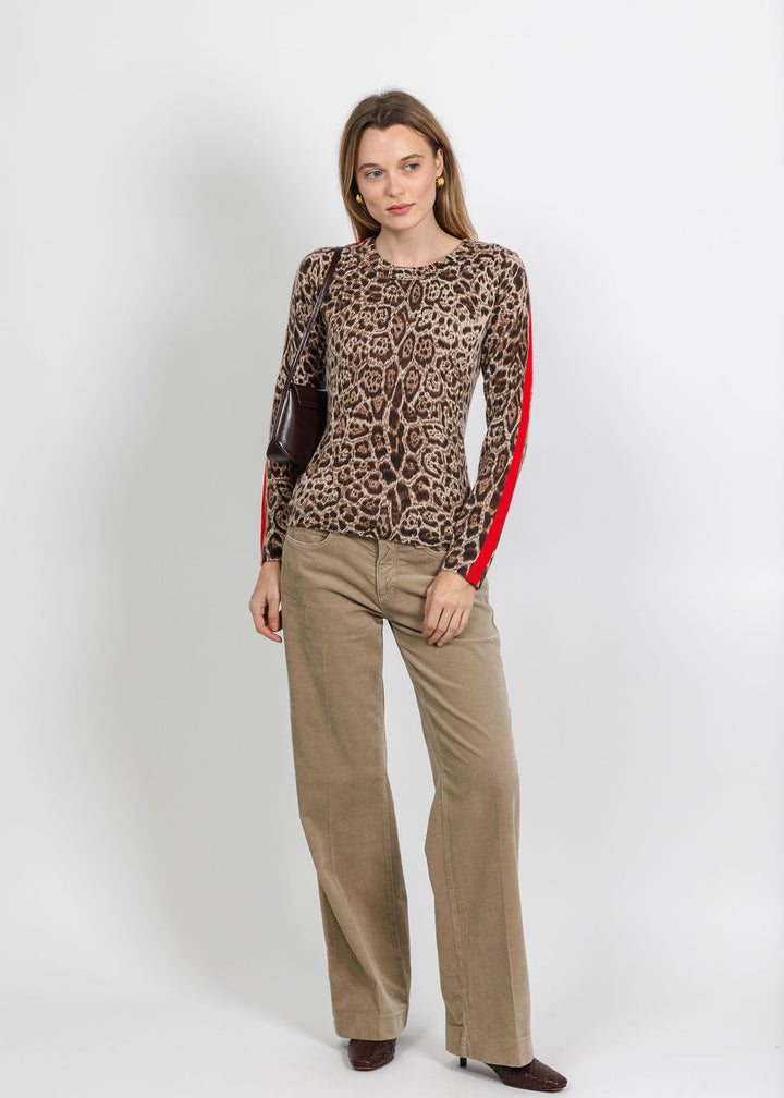 Pure Amici Cashmere Track Stripe Sweater in Cheetah available at Barbara Katz