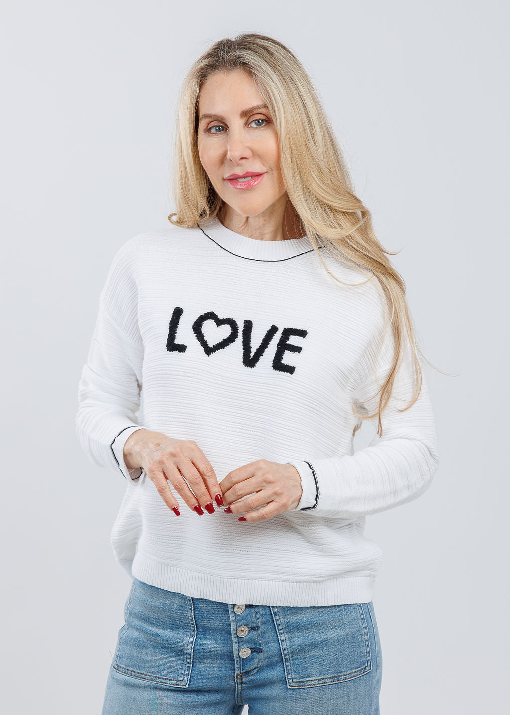 Pure Amici Love Crew Neck Sweater in White/Black available at Barbara Katz