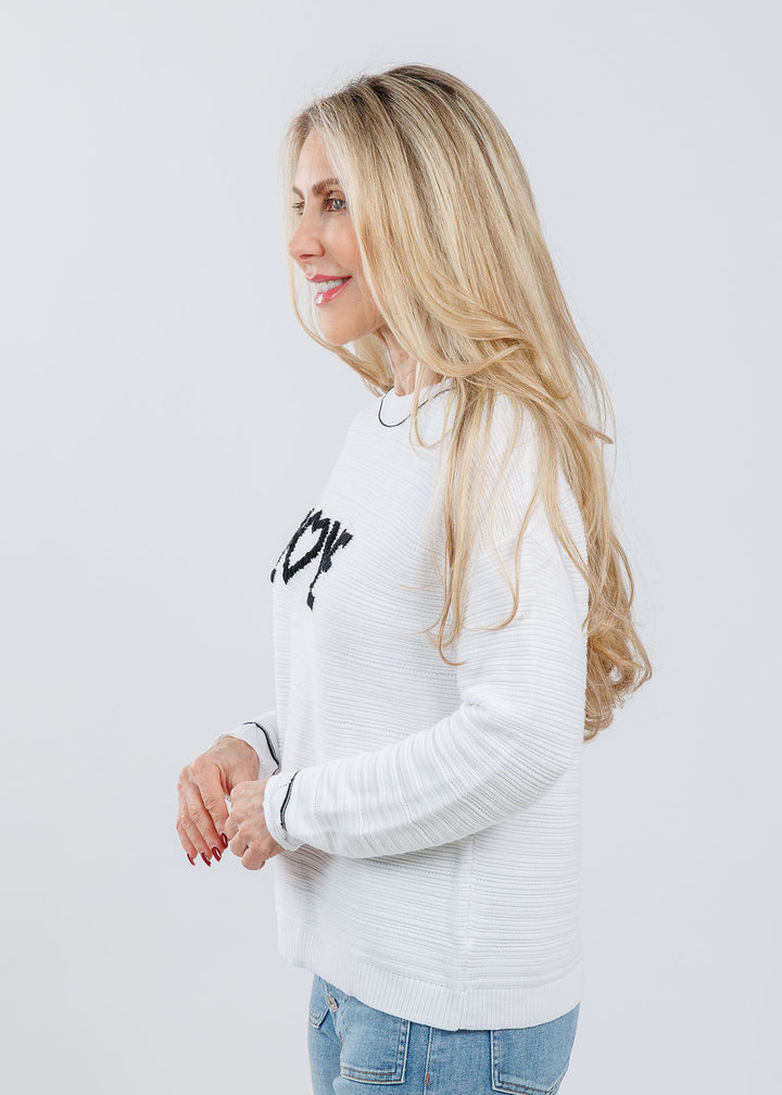 Pure Amici Love Crew Neck Sweater in White/Black available at Barbara Katz