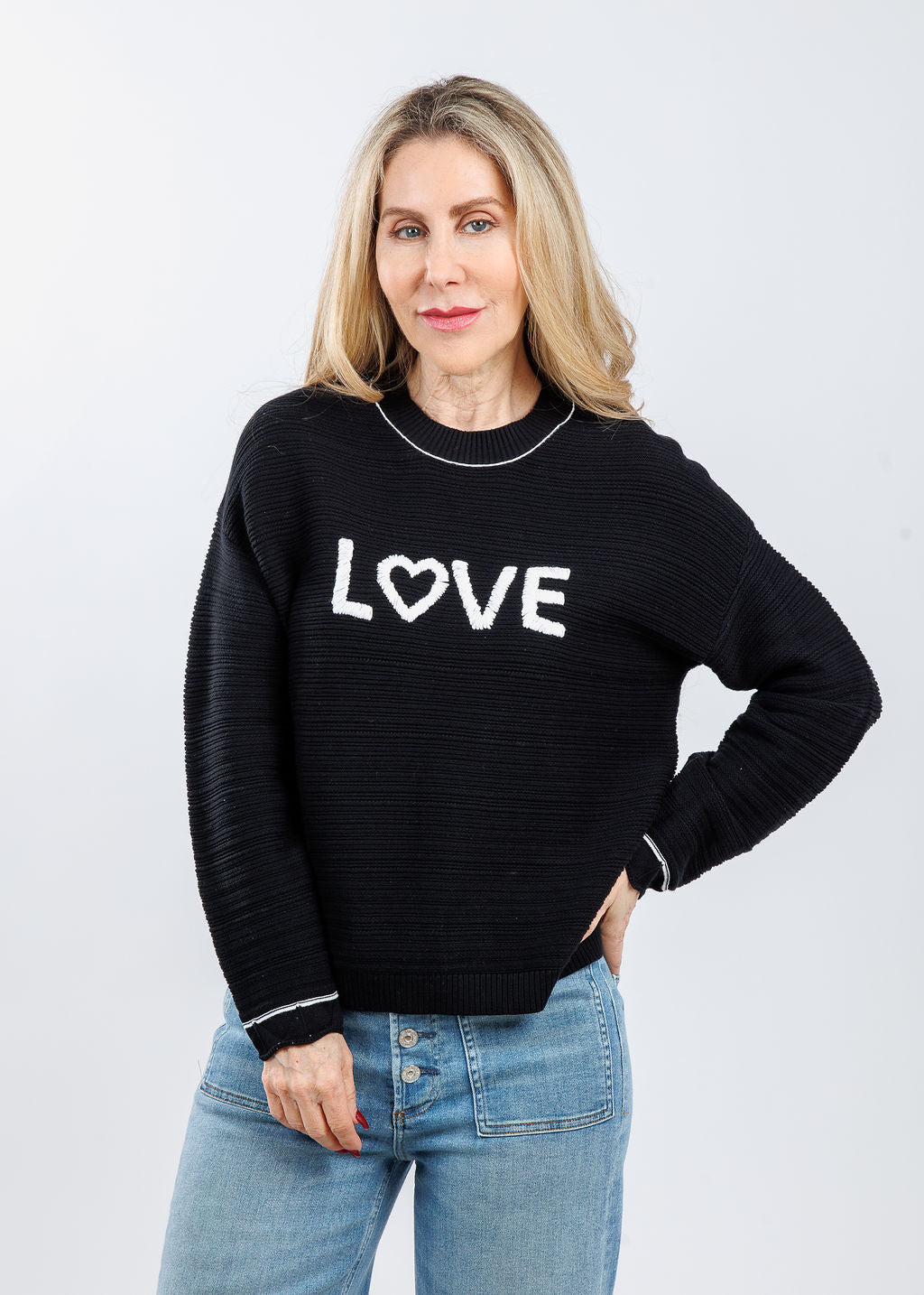 Pure Amici Love Crew Neck Sweater in Black/White available at Barbara Katz