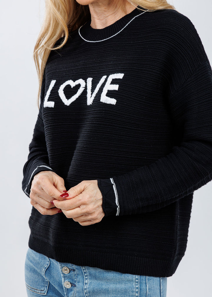 Pure Amici Love Crew Neck Sweater in Black/White available at Barbara Katz
