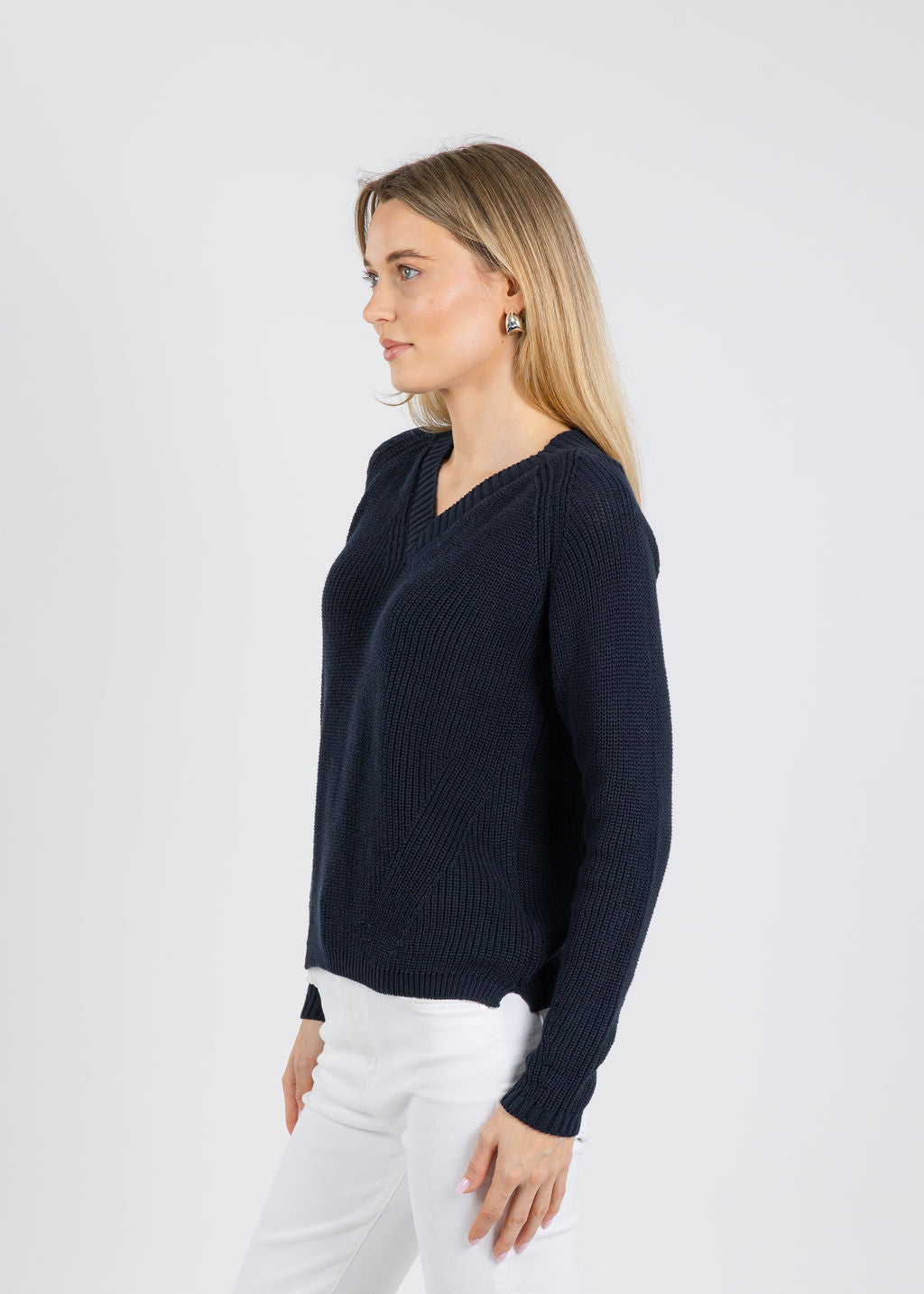 Pure Amici Myrna V-Neck Shaker Sweater in Navy available at Barbara Katz