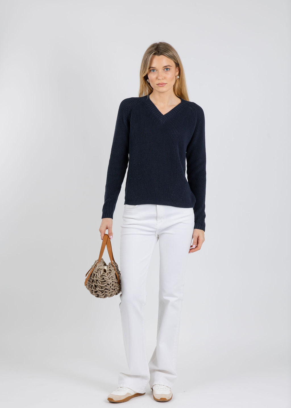 Pure Amici Myrna V-Neck Shaker Sweater in Navy available at Barbara Katz