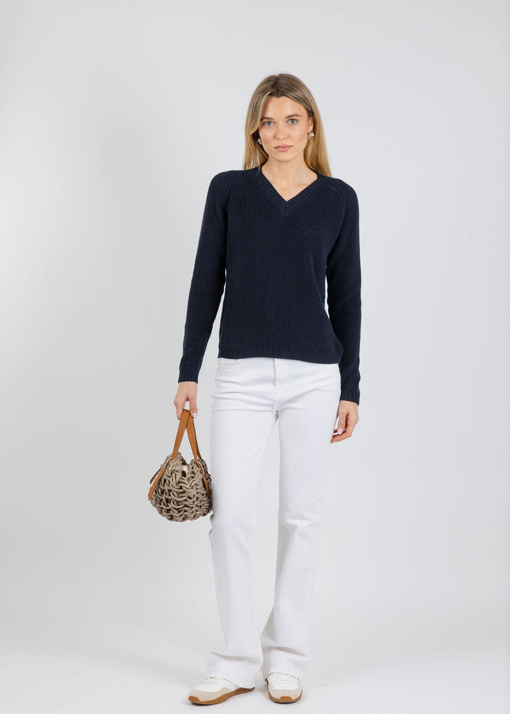 Pure Amici Myrna V-Neck Shaker Sweater in Navy available at Barbara Katz