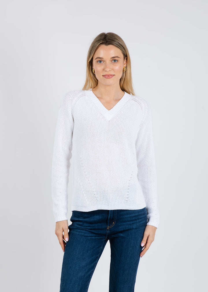 Pure Amici Myrna V-Neck Shaker Sweater in White available at Barbara Katz