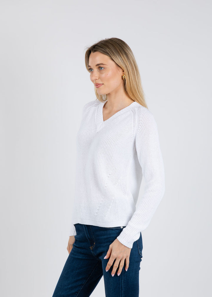 Pure Amici Myrna V-Neck Shaker Sweater in White available at Barbara Katz