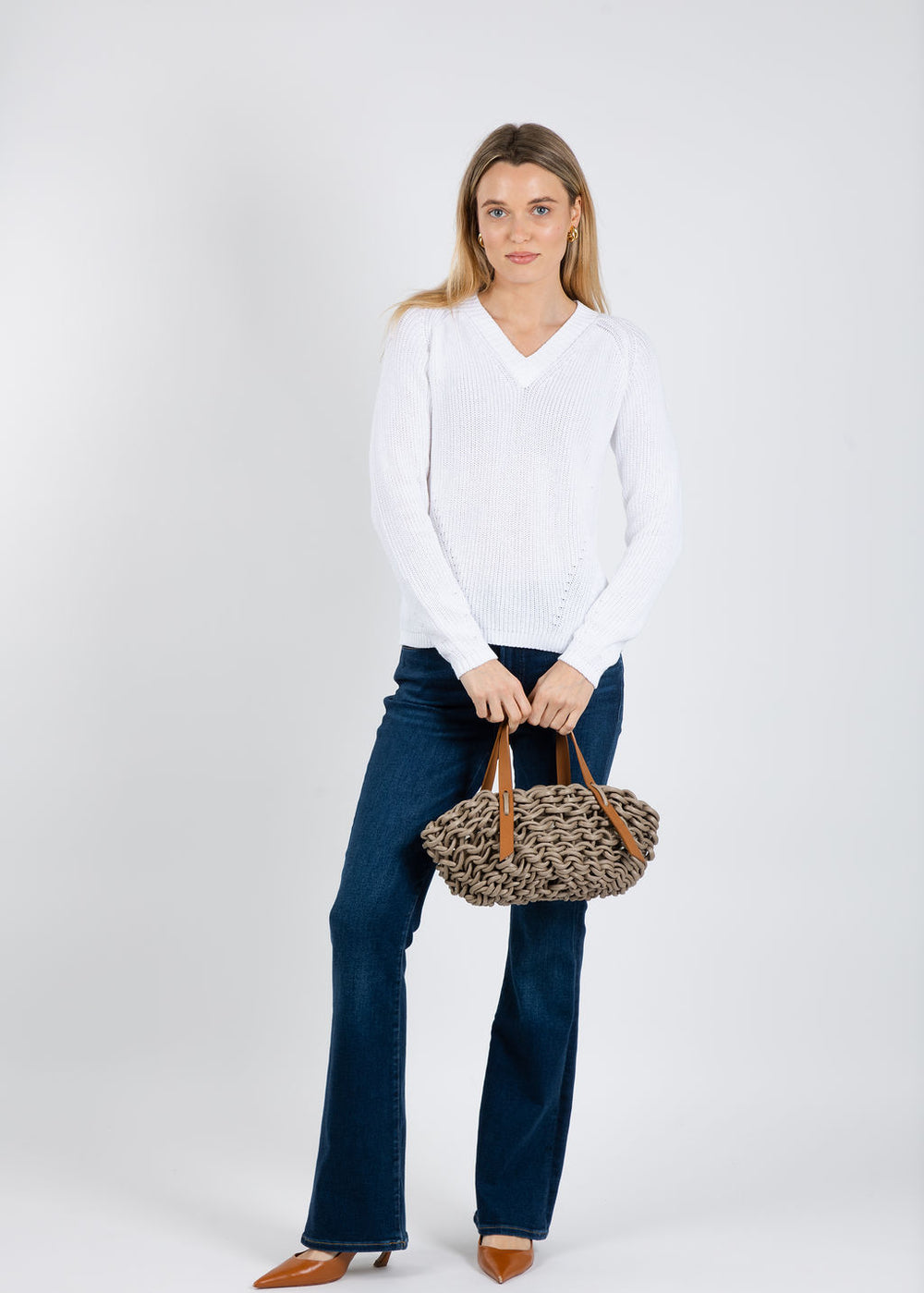 Pure Amici Myrna V-Neck Shaker Sweater in White available at Barbara Katz