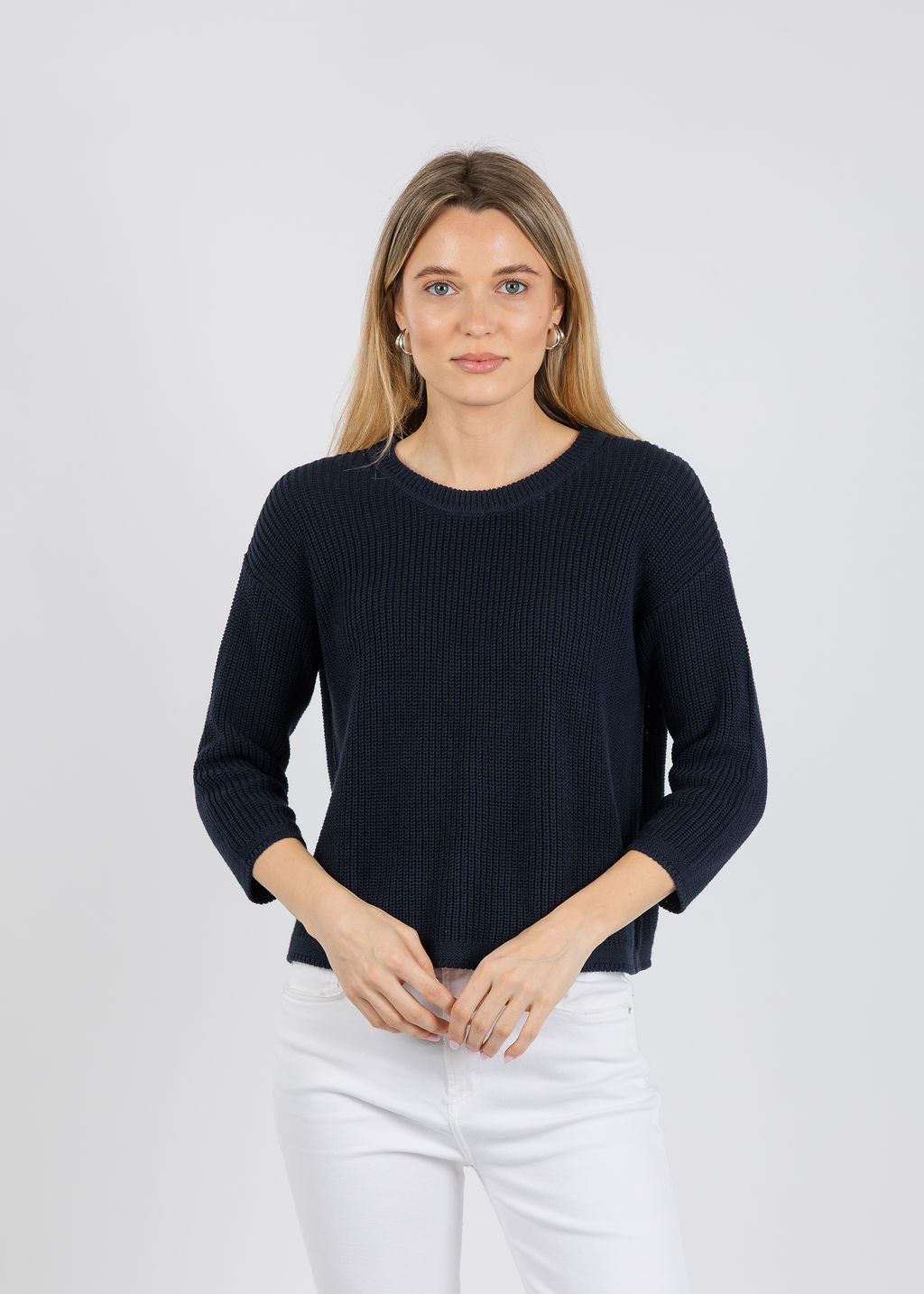 Pure Amici Rayna Crew Neck Shaker Sweater in Navy available at Barbara Katz